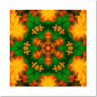 Psychedelic Mandala Flower Green Orange and Yellow Posters and Art